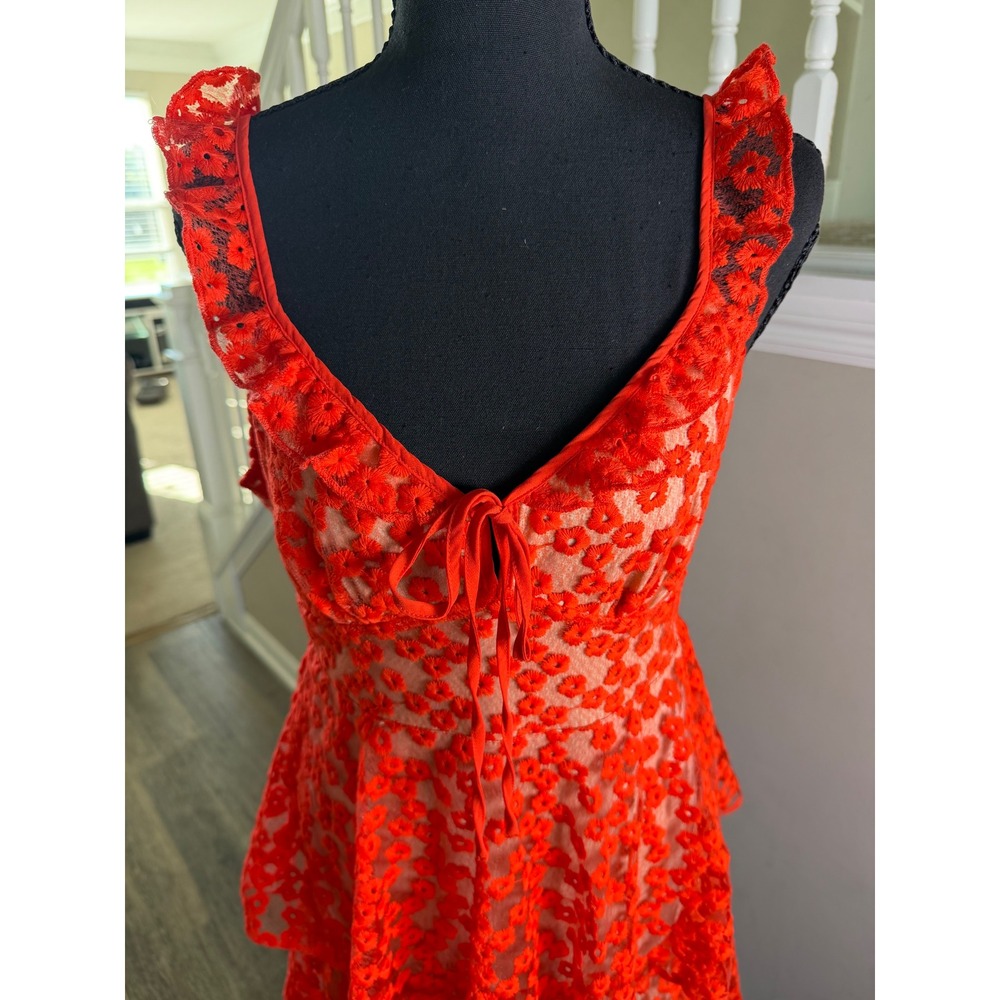 Lulus Someday Swoon Red Floral Embroidered Tiered Midi Dress Ruffle Strap Size M - Picture 4 of 8